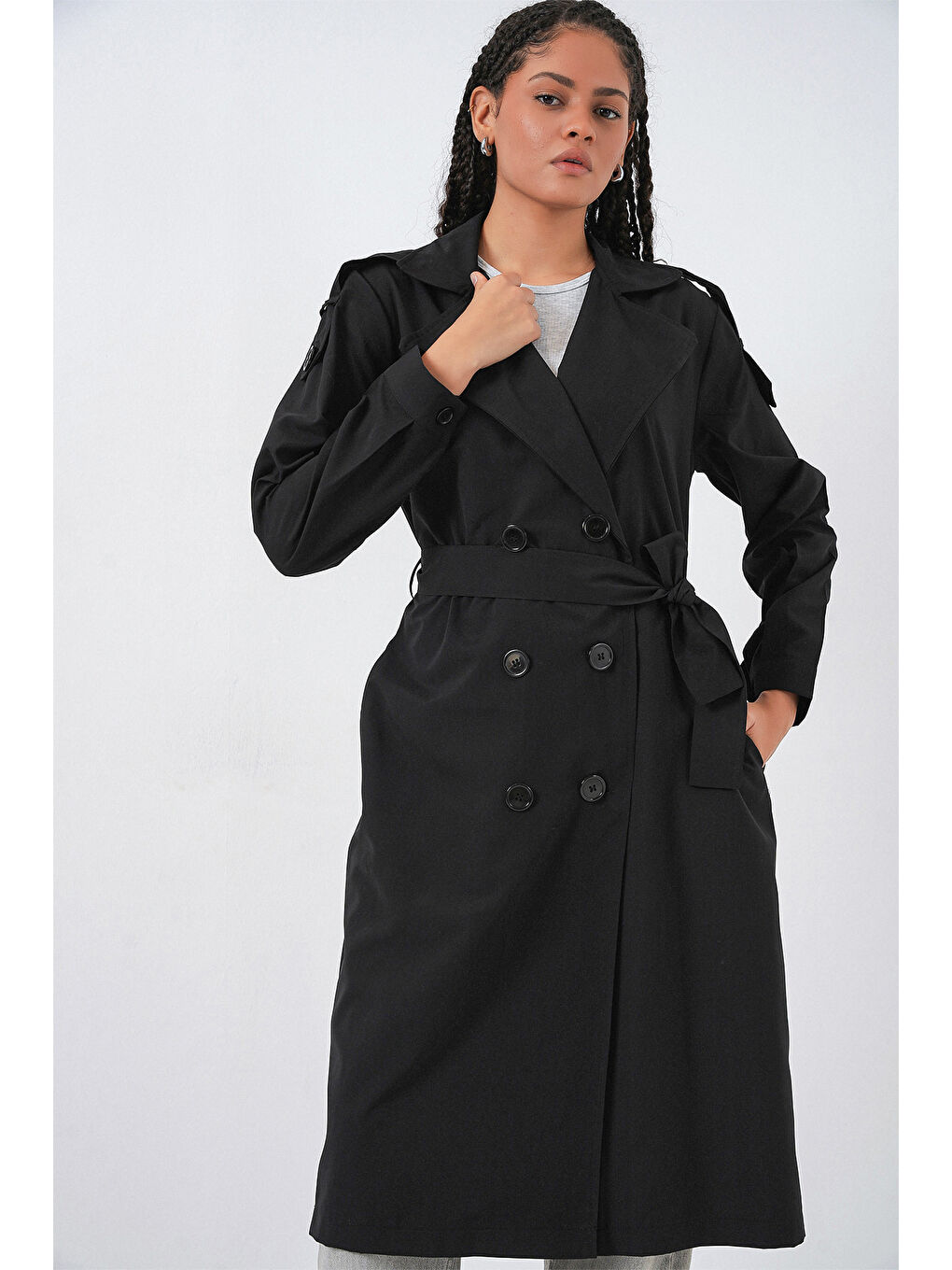 Kadın Kruvaze Yaka Trençkot 5978 - Siyah