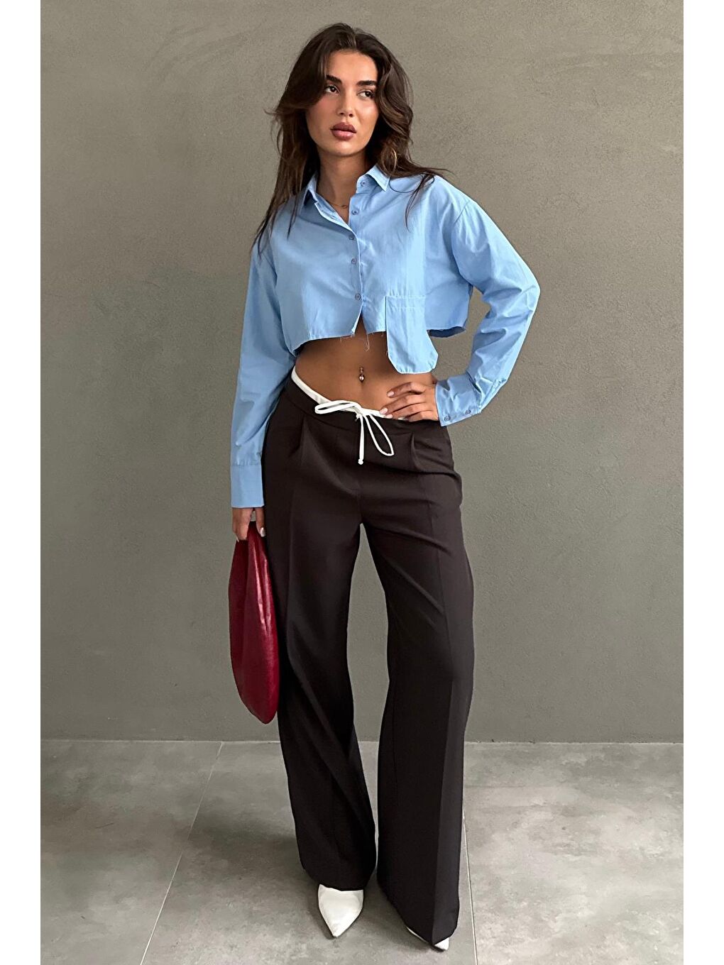 Kahverengi Acı Kahve Çift Bel Bantlı Wide Leg Kadın Pantolon Mg2551-4