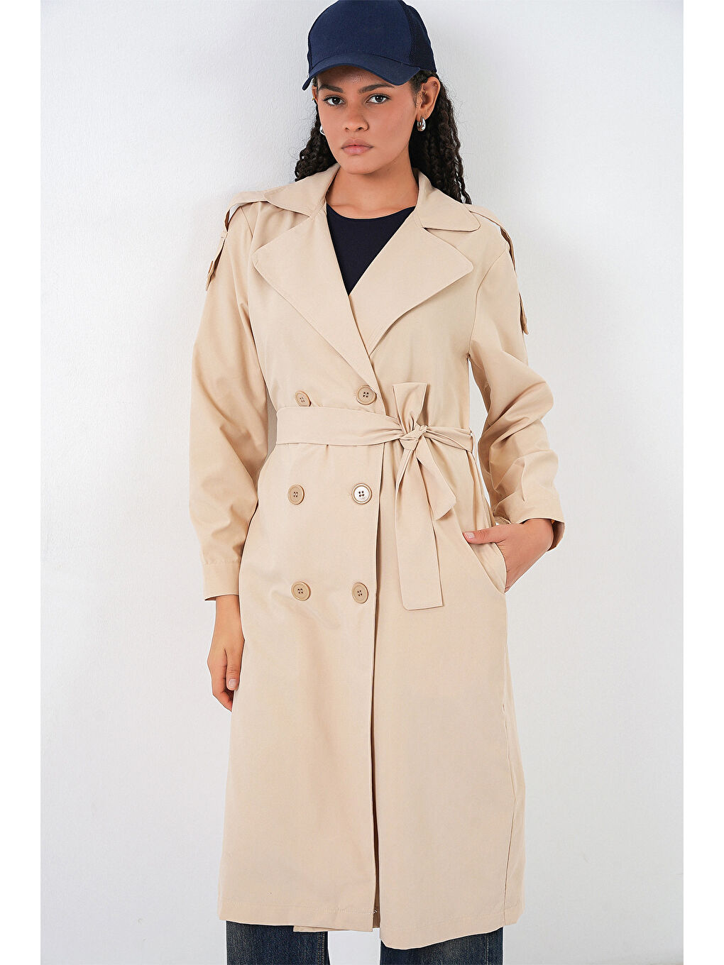 Kadın Kruvaze Yaka Trençkot 5978 - Bej-2