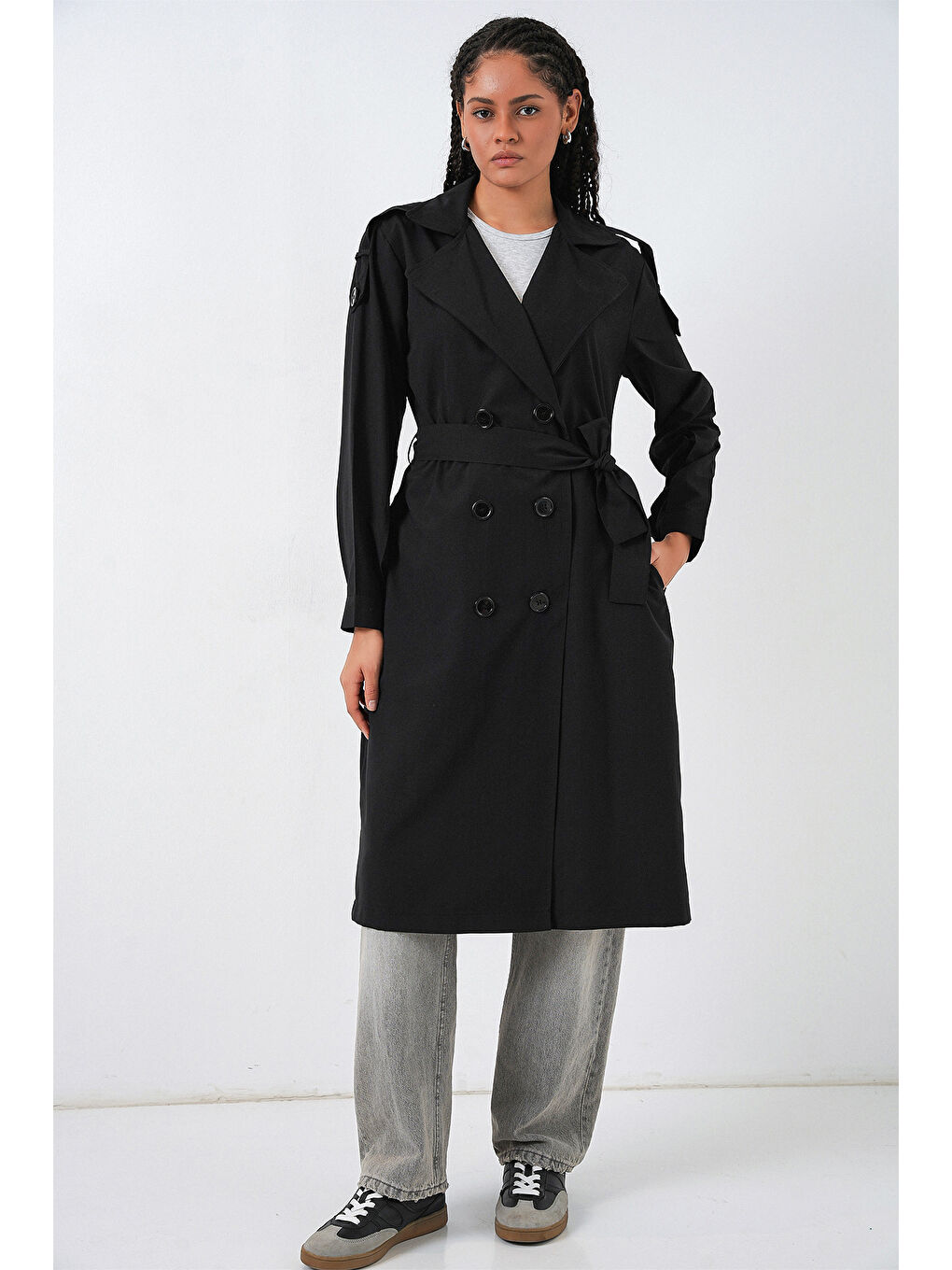 Kadın Kruvaze Yaka Trençkot 5978 - Siyah-1