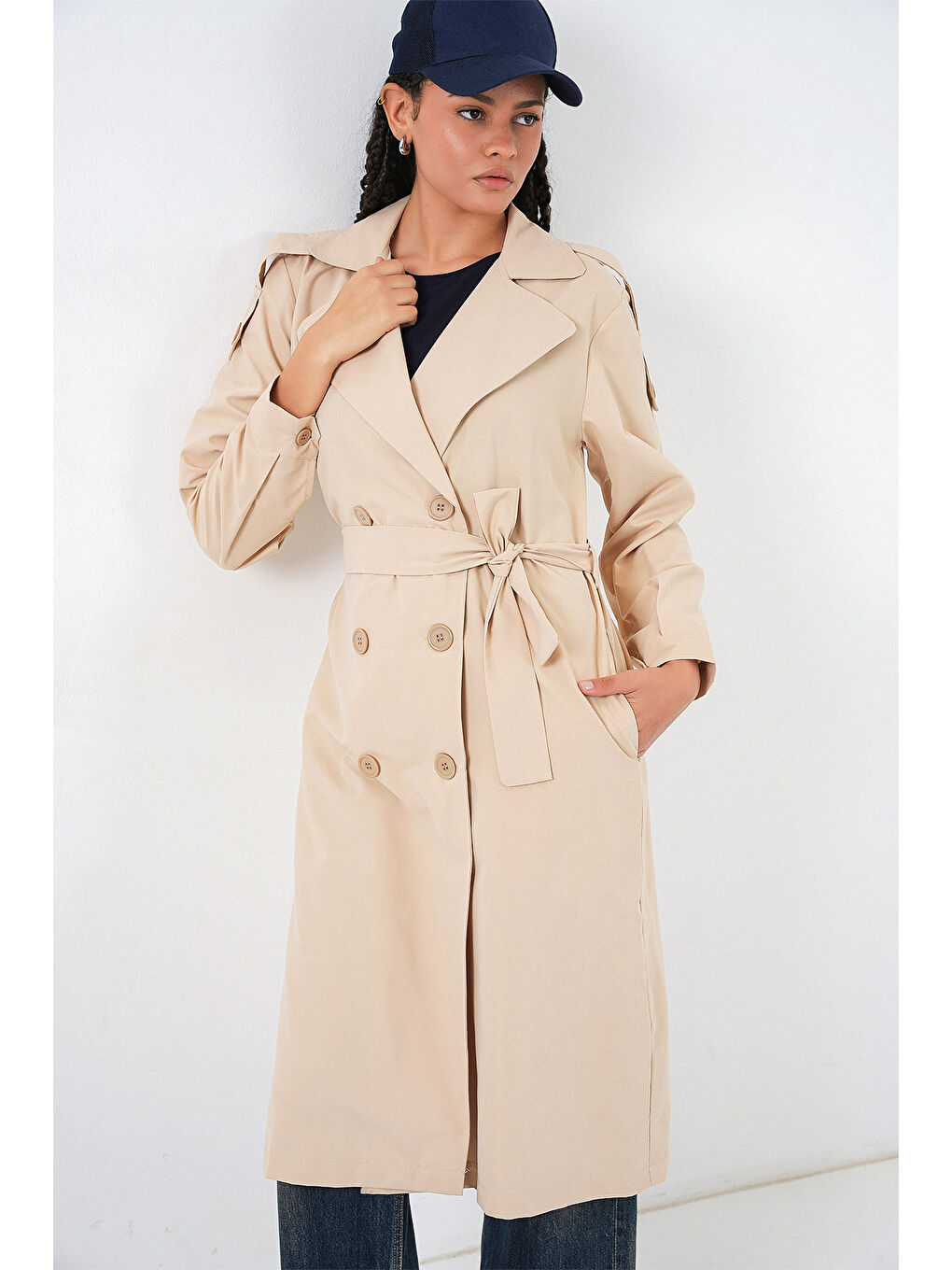 Kadın Kruvaze Yaka Trençkot 5978 - Bej-3