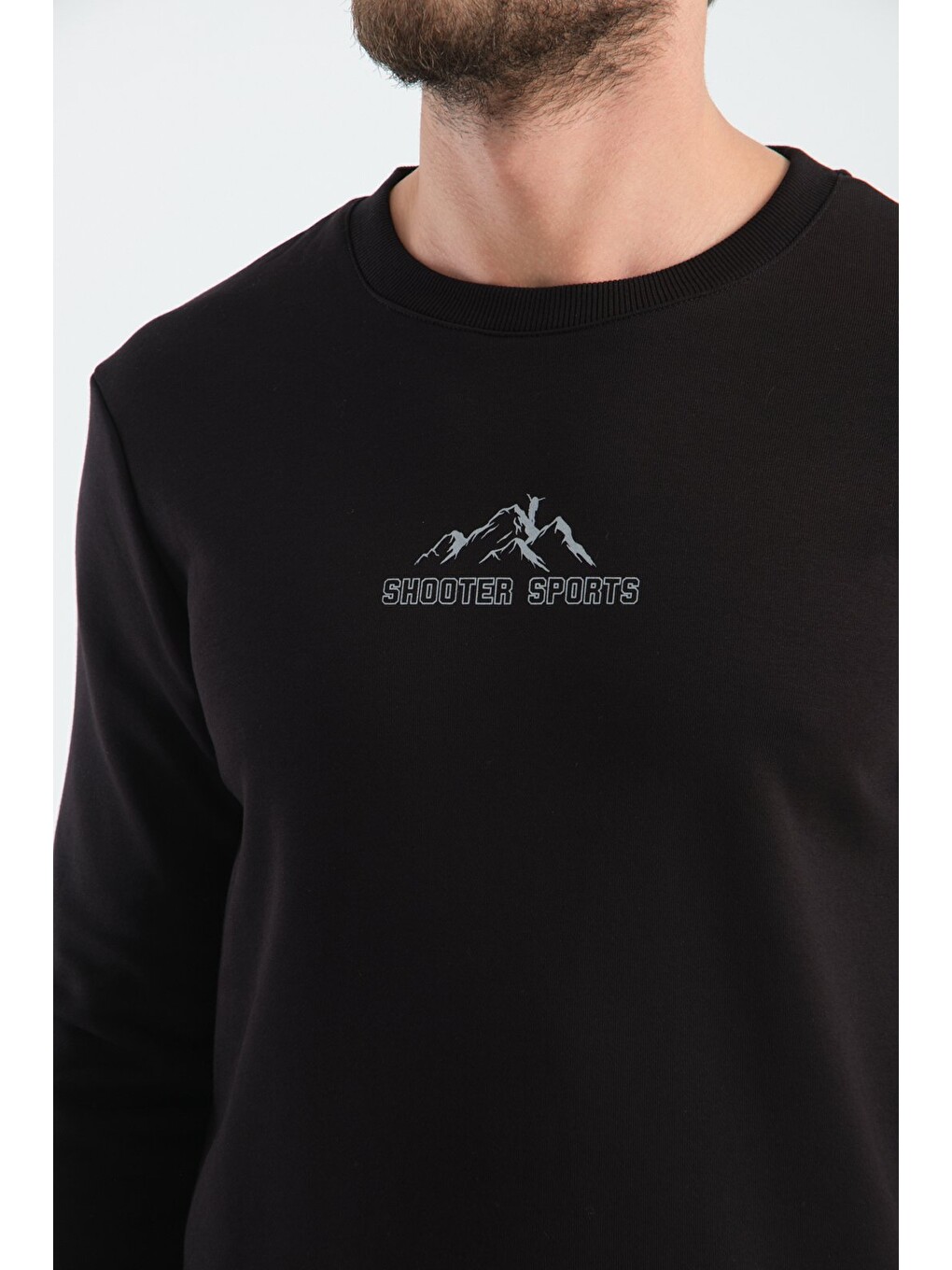 Siyah Erkek Üç İplik Sweatshirt Şardonsuz Pamuklu Regular Fit Bisiklet Yaka Spor Sweat-3