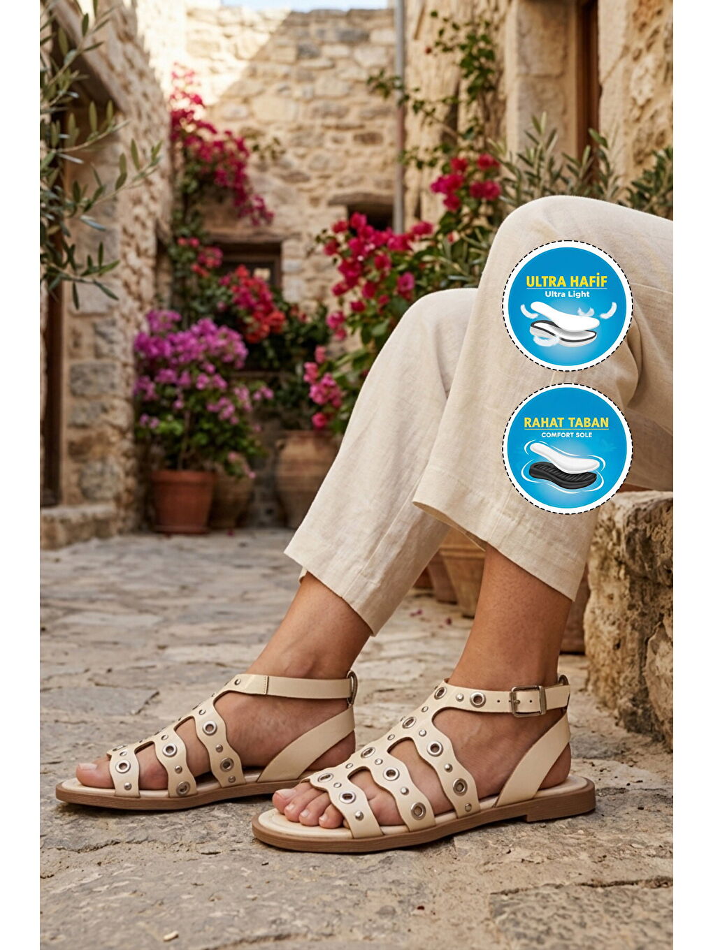 Bej Hafif İnce Taban Yumuşak Tabanlı Kadın Sandalet 335337 Z-2