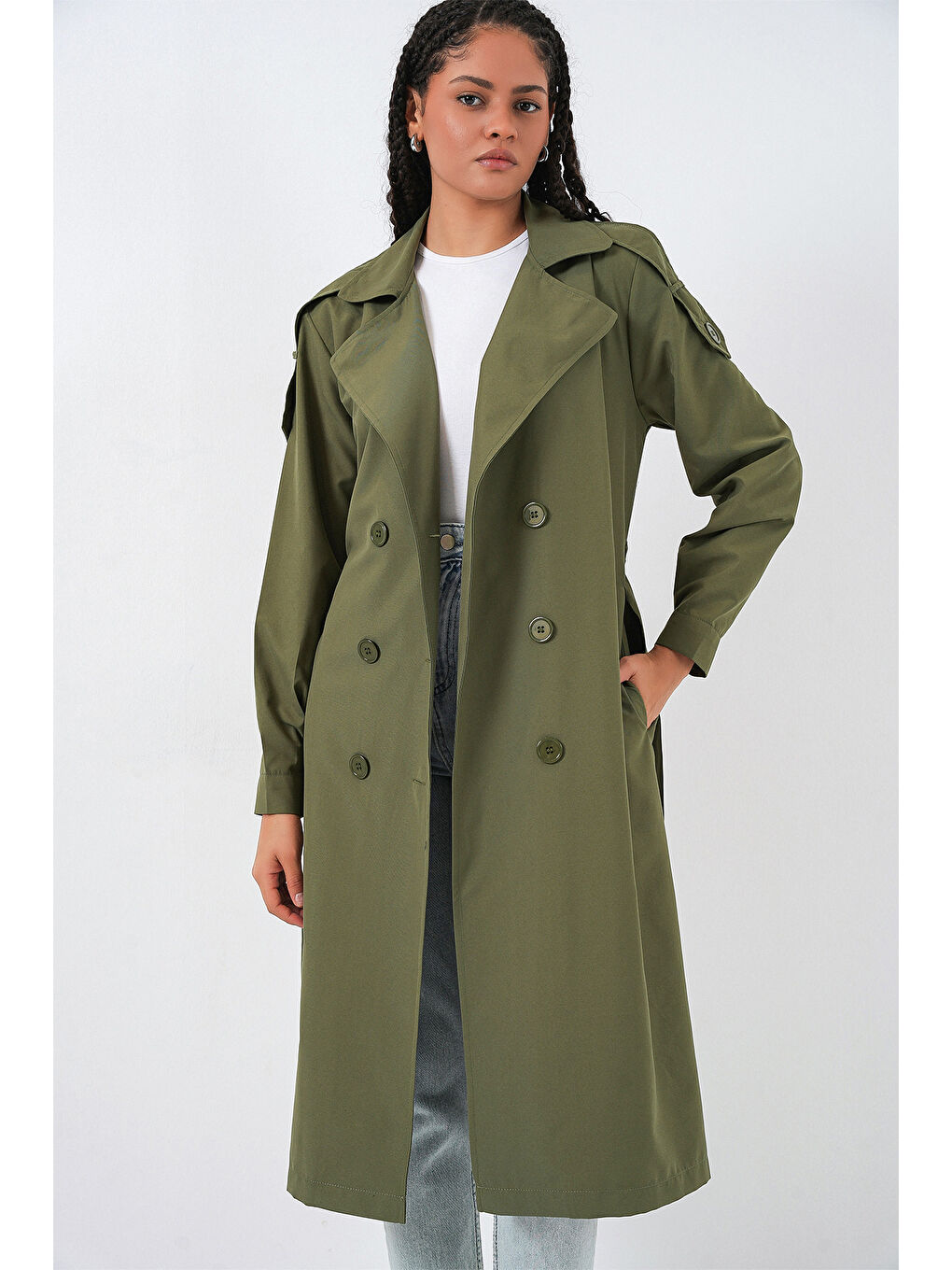 Kadın Kruvaze Yaka Trençkot 5978 - Haki
