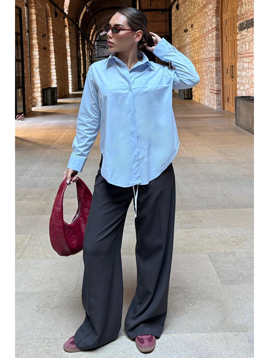 Kahverengi Acı Kahve Çift Bel Bantlı Wide Leg Kadın Pantolon Mg2551-5