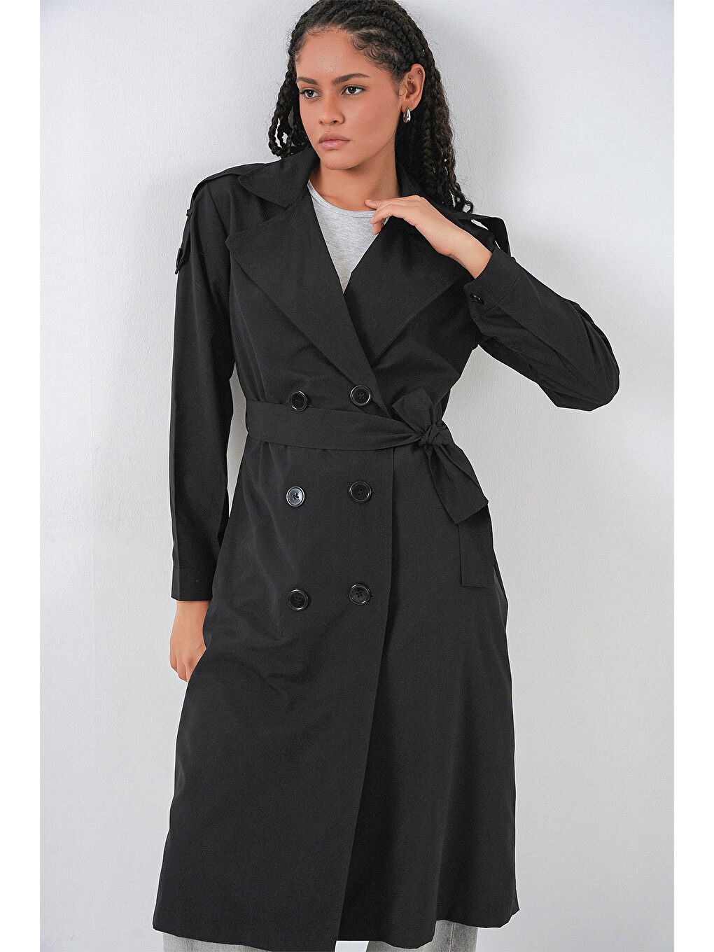 Kadın Kruvaze Yaka Trençkot 5978 - Siyah-2