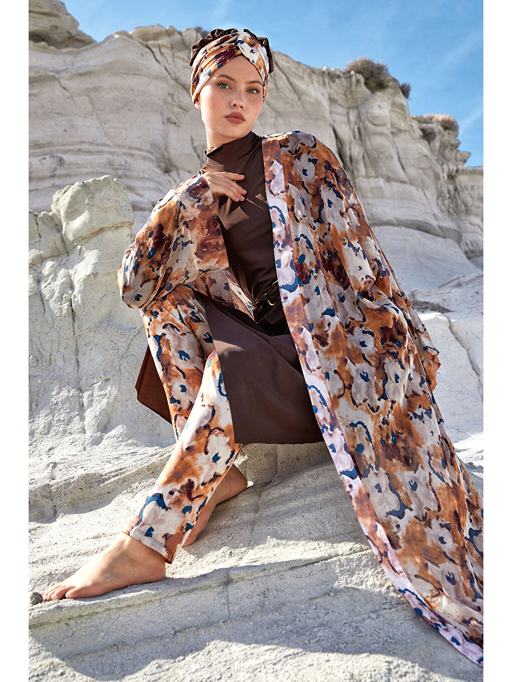 UV Korumalı Mayo Üzerine Tek Pareo Kimono 1708 Bej