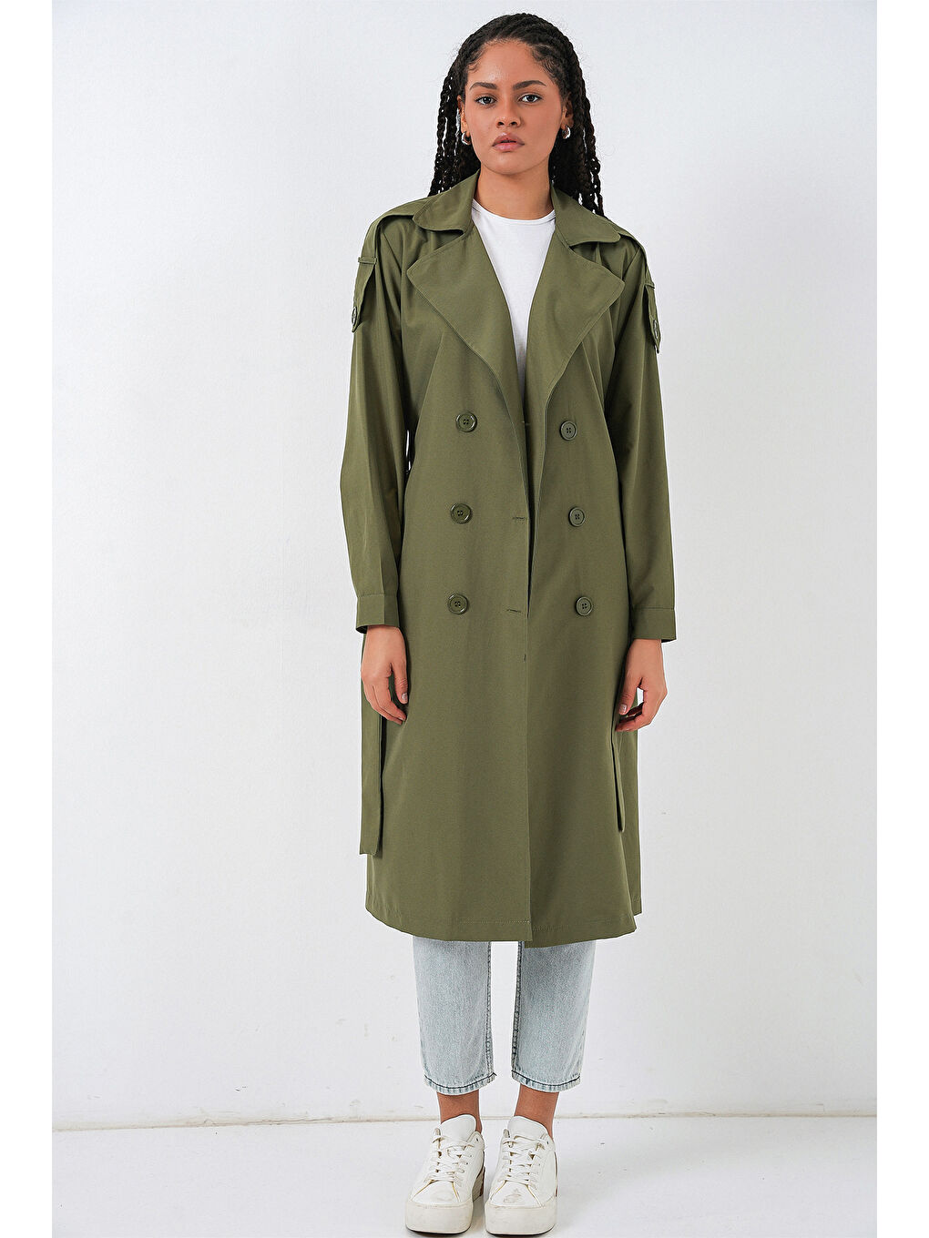 Kadın Kruvaze Yaka Trençkot 5978 - Haki-1
