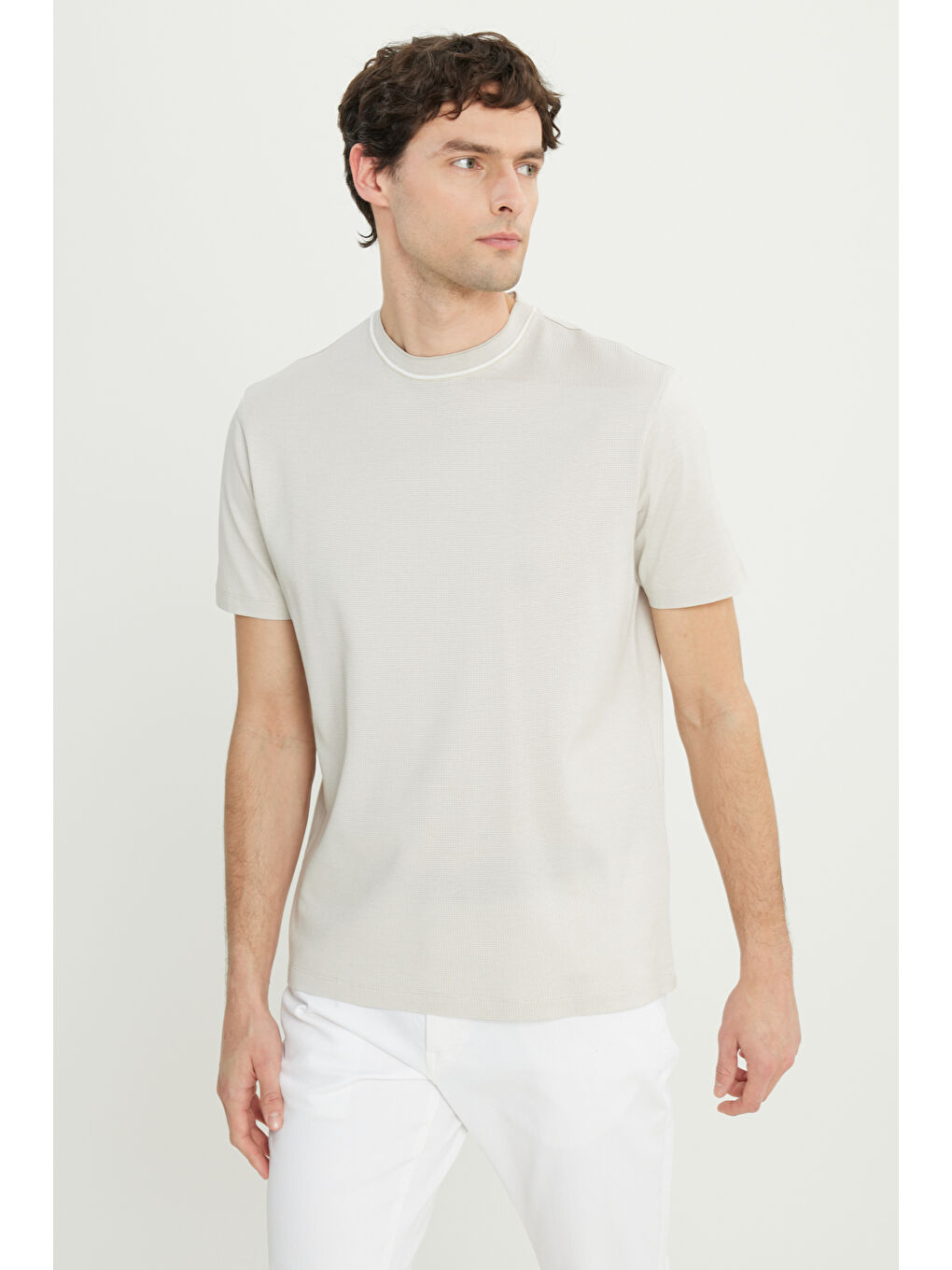 Erkek Bej %100 Pamuk Slim Fit Dar Kesim Bisiklet Yaka Jakarlı Tişört-2