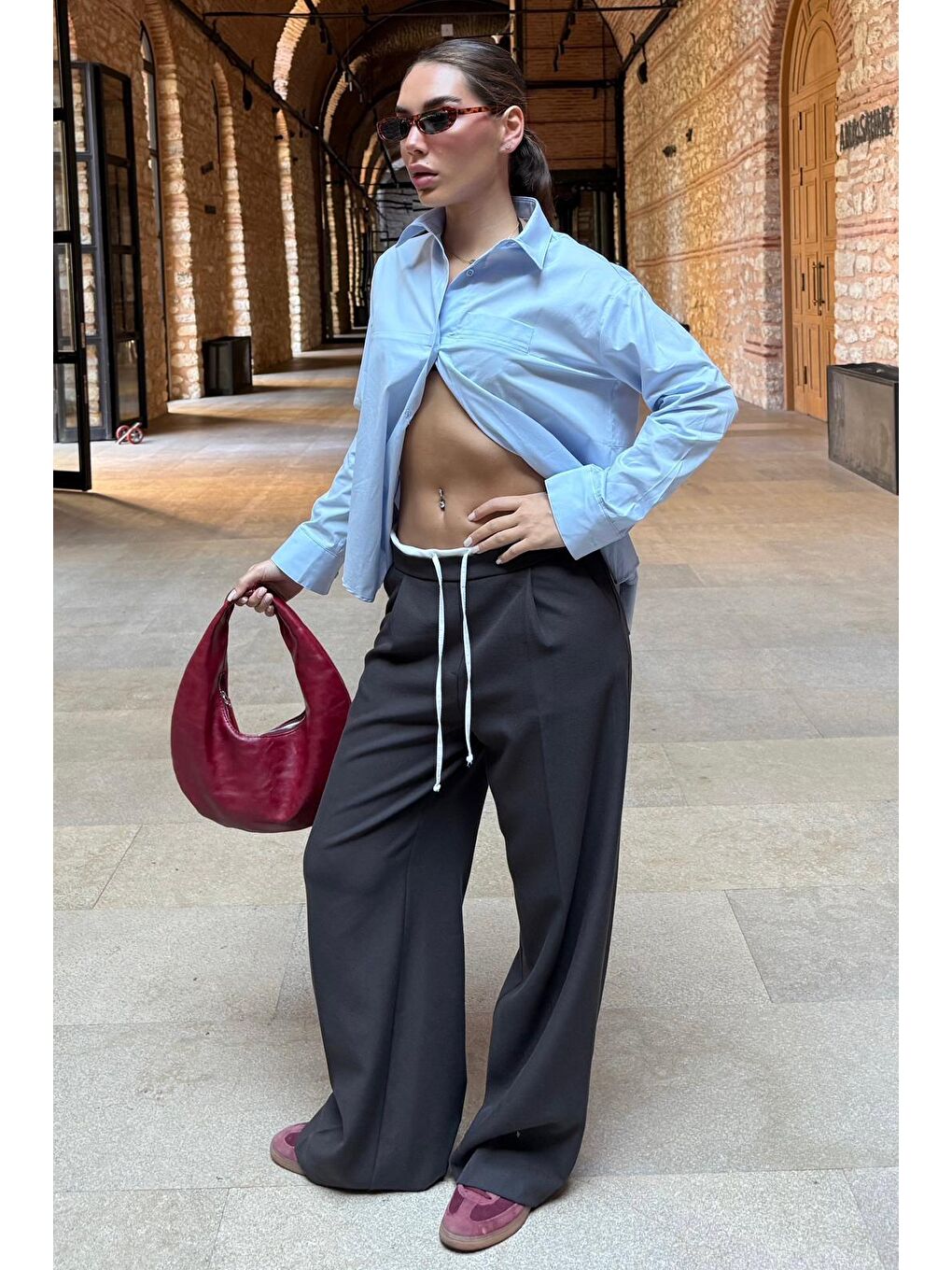 Kahverengi Acı Kahve Çift Bel Bantlı Wide Leg Kadın Pantolon Mg2551-6