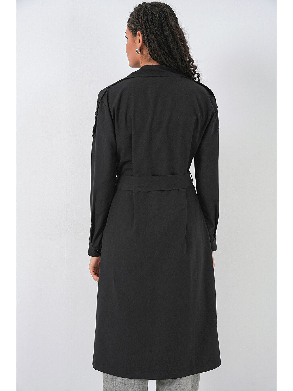 Kadın Kruvaze Yaka Trençkot 5978 - Siyah-4