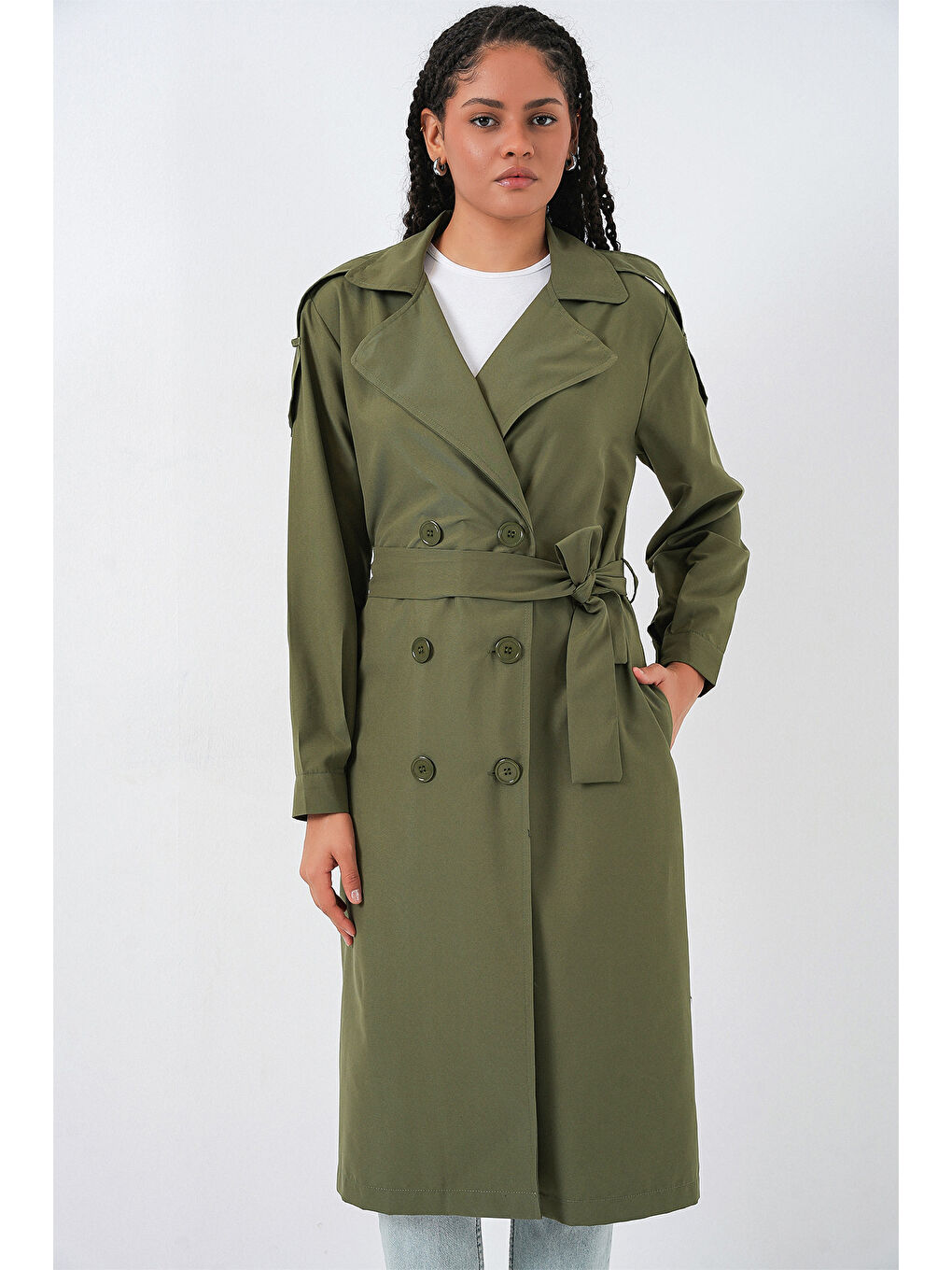 Kadın Kruvaze Yaka Trençkot 5978 - Haki-2