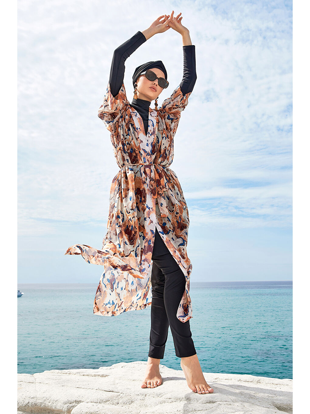 UV Korumalı Mayo Üzerine Tek Pareo Kimono 1708 Bej-1