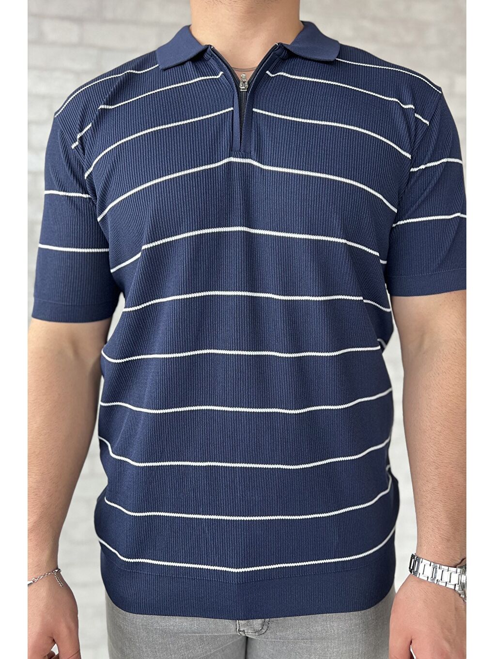 Lacivert Erkek Polo Yaka Yarım Fermuarlı Çizgi Desenli Triko Tişört-3