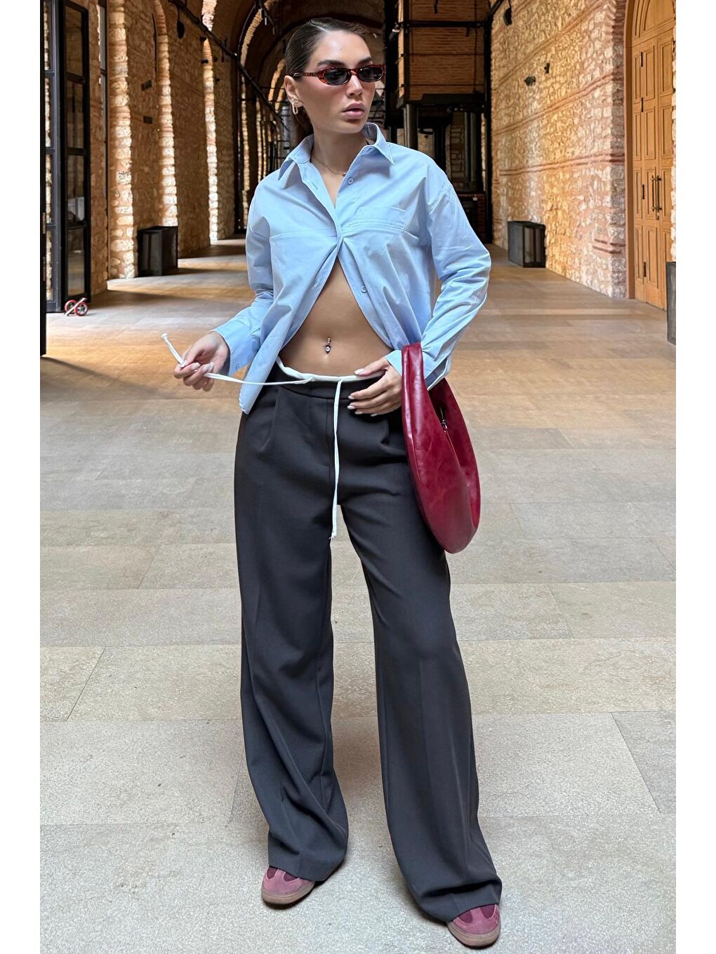 Kahverengi Acı Kahve Çift Bel Bantlı Wide Leg Kadın Pantolon Mg2551-7