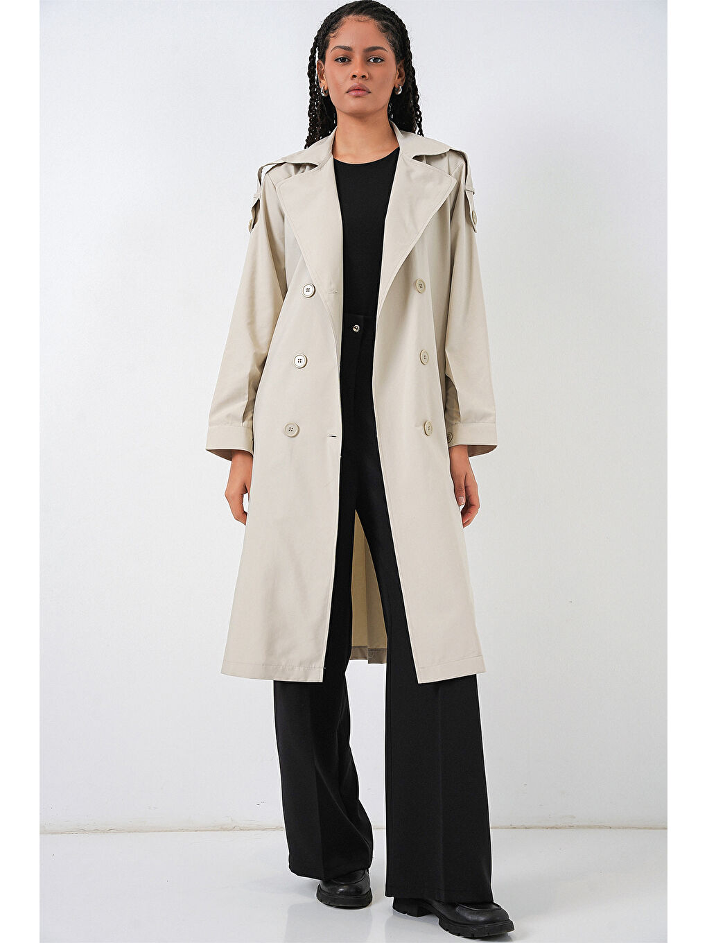 Bej Kadın Kruvaze Yaka Trençkot 5978 - Taş-1