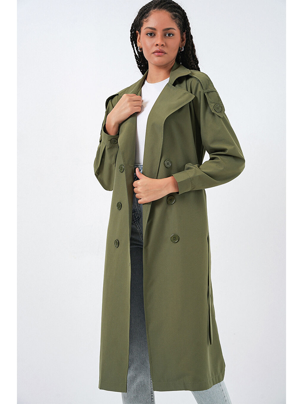 Kadın Kruvaze Yaka Trençkot 5978 - Haki-3