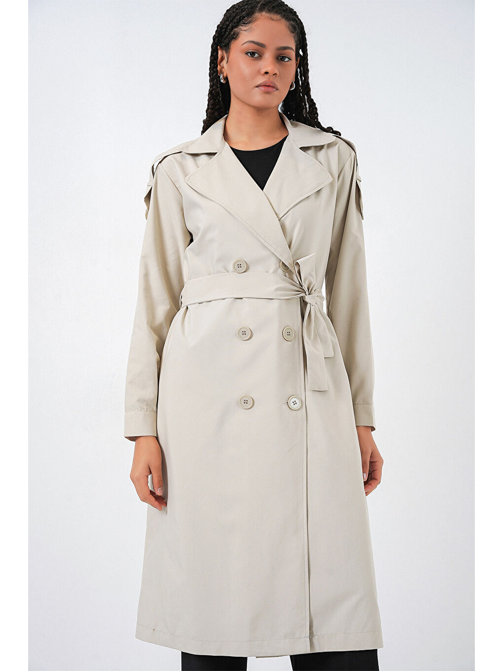 Bej Kadın Kruvaze Yaka Trençkot 5978 - Taş-2