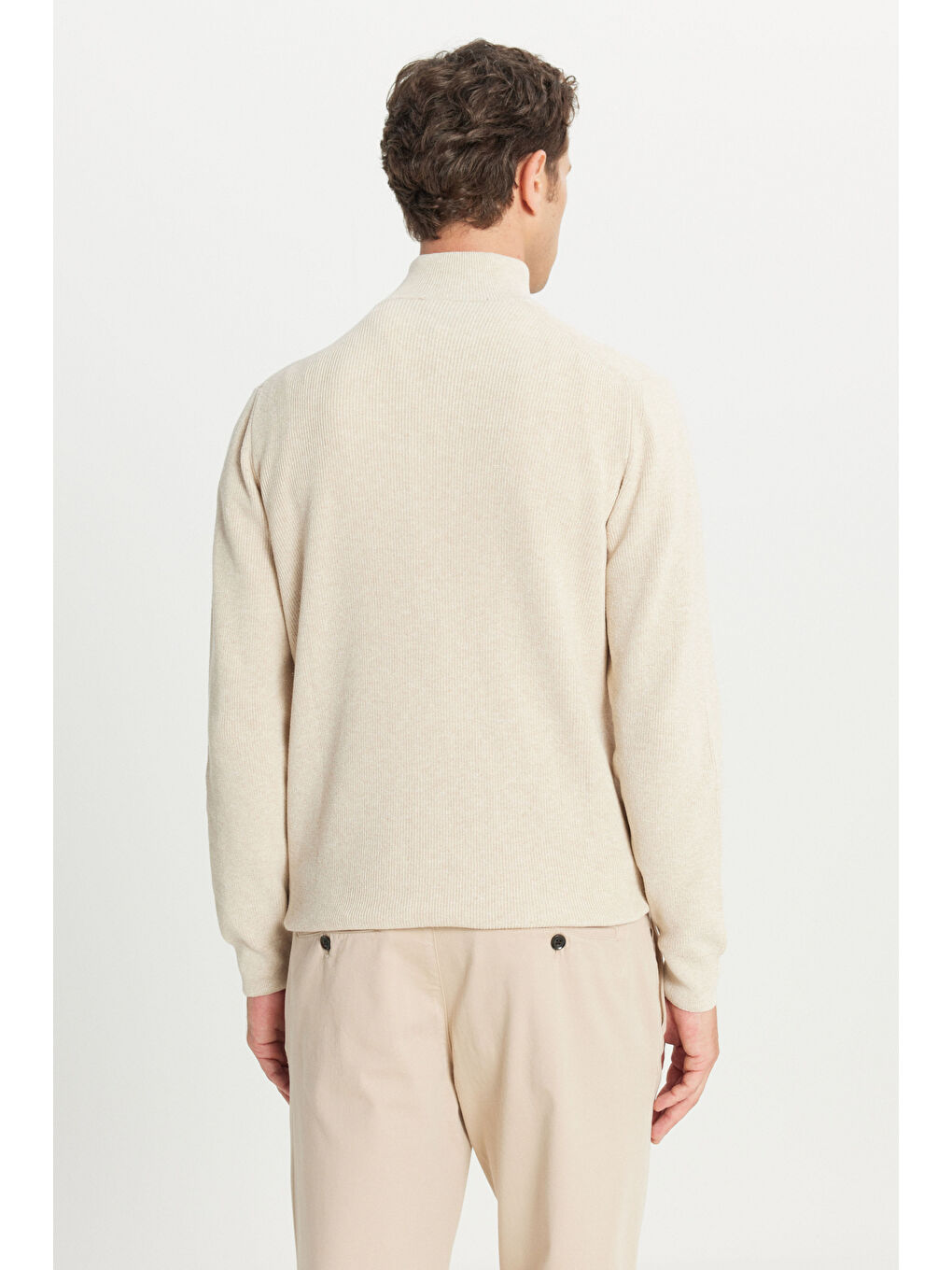 Erkek Açık Bej Pamuklu Standart Fit Normal Kesim Bato Yaka Jakarlı Triko Kazak-4