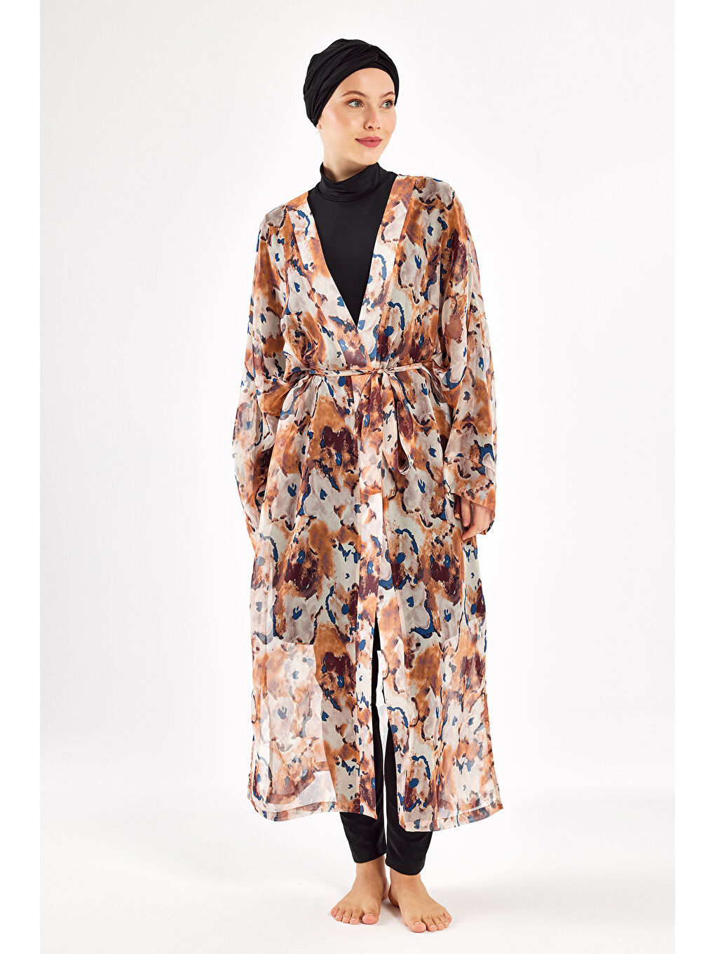 UV Korumalı Mayo Üzerine Tek Pareo Kimono 1708 Bej-4