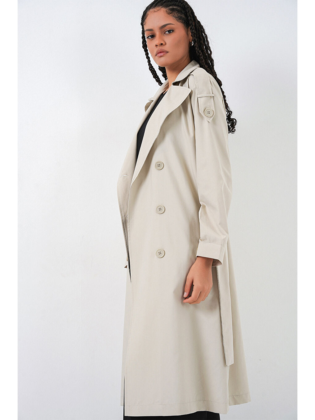 Bej Kadın Kruvaze Yaka Trençkot 5978 - Taş-3