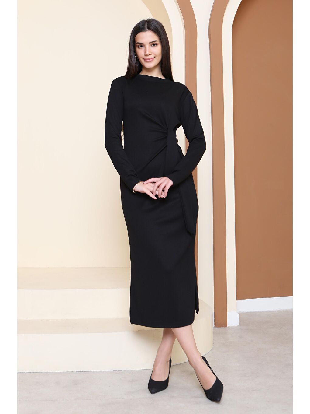 Yandan Bağlama Detaylı Modal Elbise Siyah - 27880-SIYAH-1
