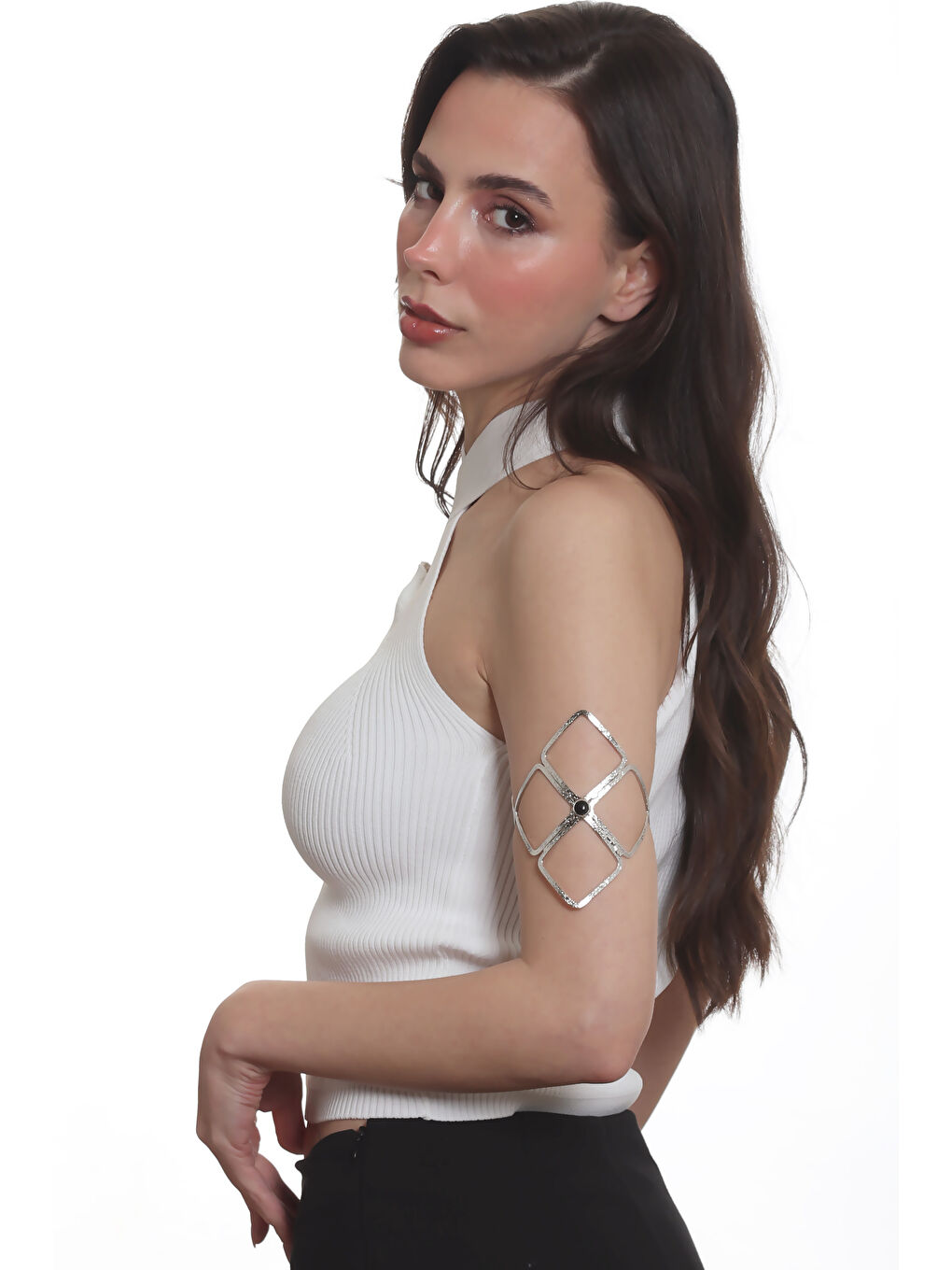 Gri Kadın Lak Gümüş Kaplama Siyah Doğaltaşlı Ayarlanabilir Pazu Bandı, Üst Kol Aksesuarı-2
