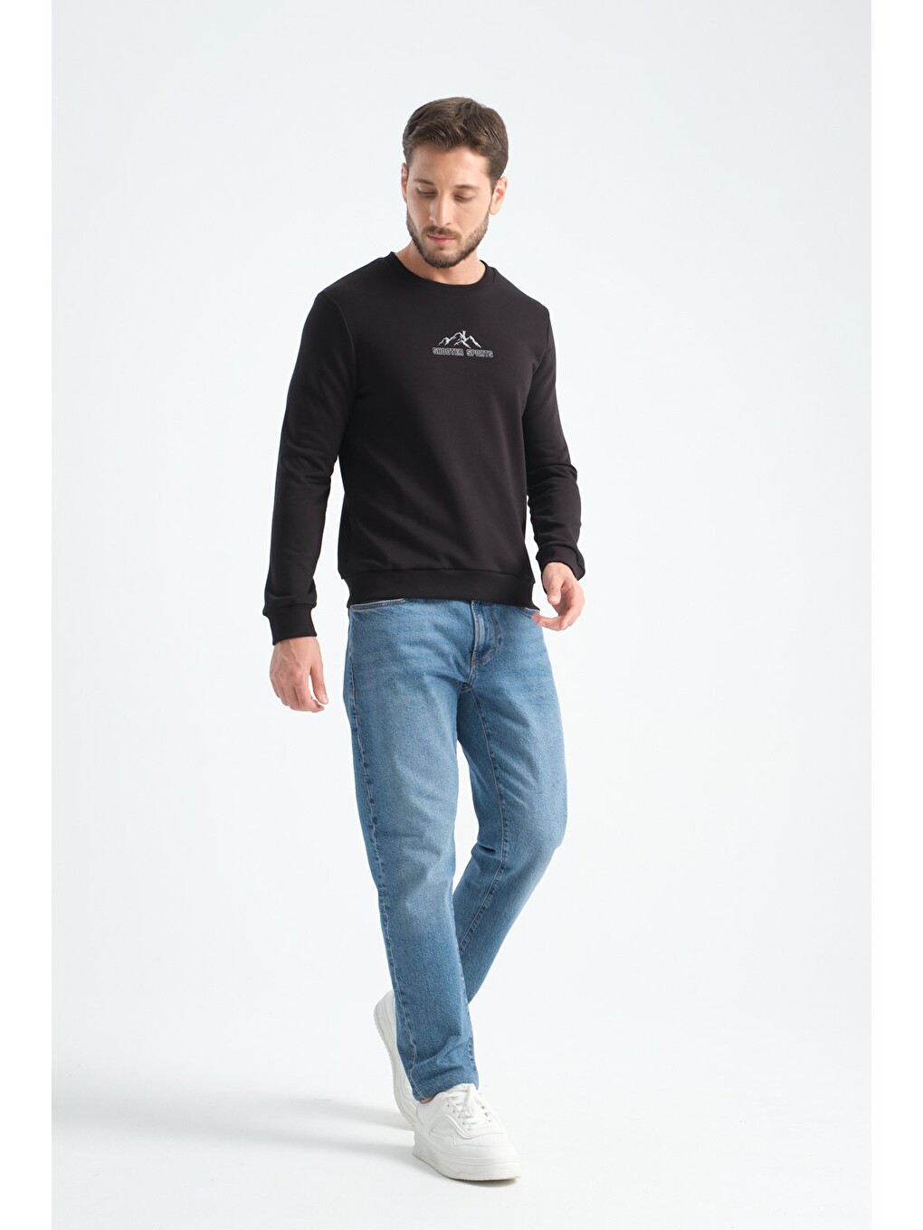 Siyah Erkek Üç İplik Sweatshirt Şardonsuz Pamuklu Regular Fit Bisiklet Yaka Spor Sweat-5