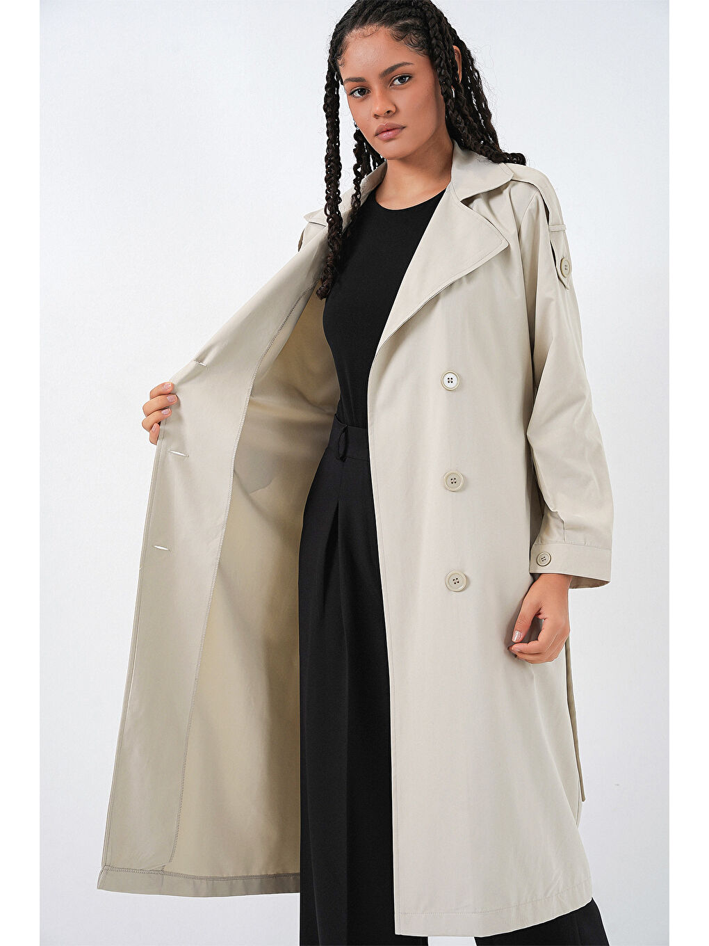 Bej Kadın Kruvaze Yaka Trençkot 5978 - Taş-4