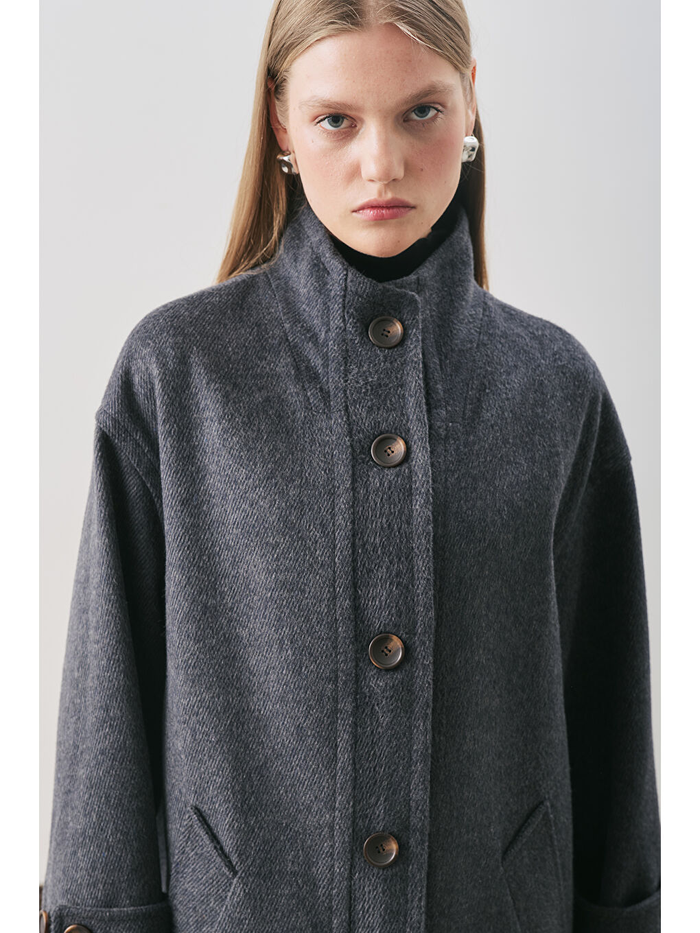 Raı Oversıze Yünlü Kaban Lacivert-1