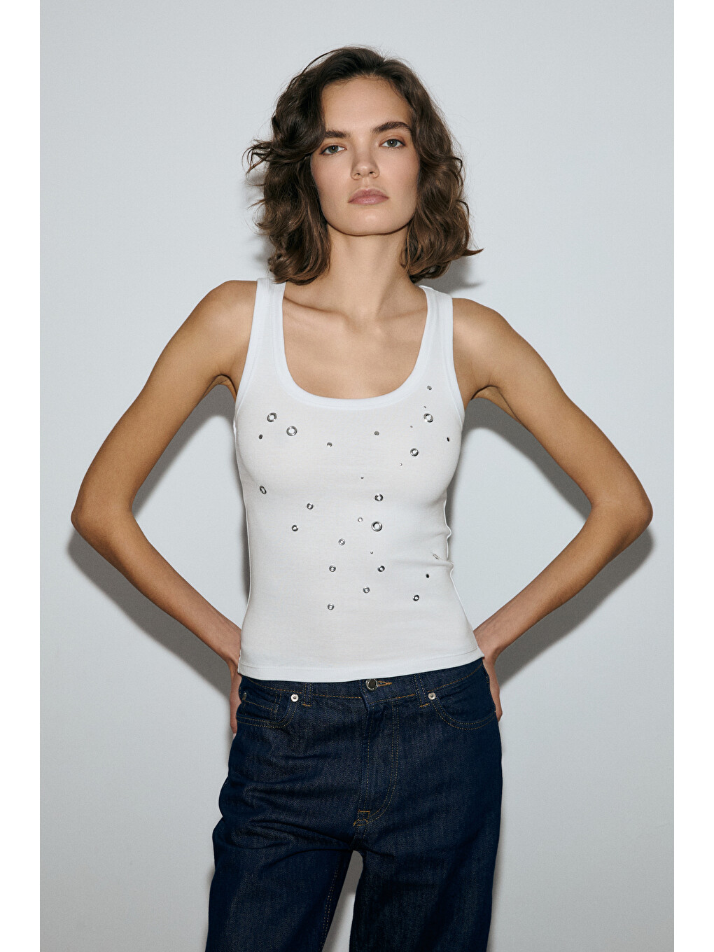 Morlıssa Kadın Yumuşak Ve Esnek Kumaşlı Taş Baskılı Slim Fit Beyaz Atlet