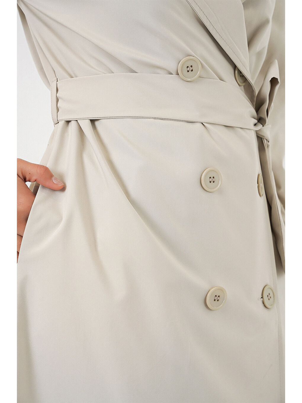 Bej Kadın Kruvaze Yaka Trençkot 5978 - Taş-5