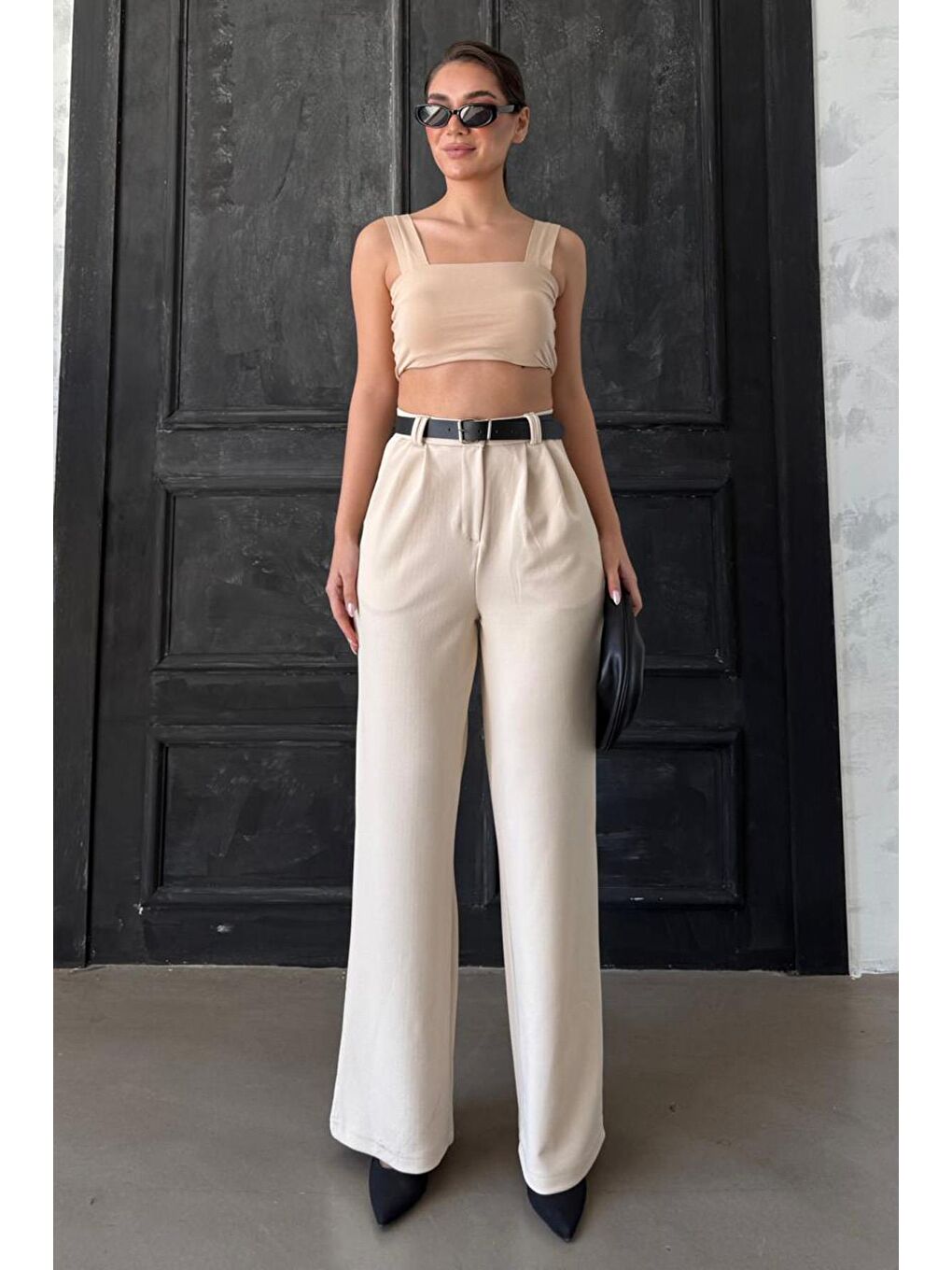 Açık Bej Çift Pileli Kemerli Pantolon Mg2330-1