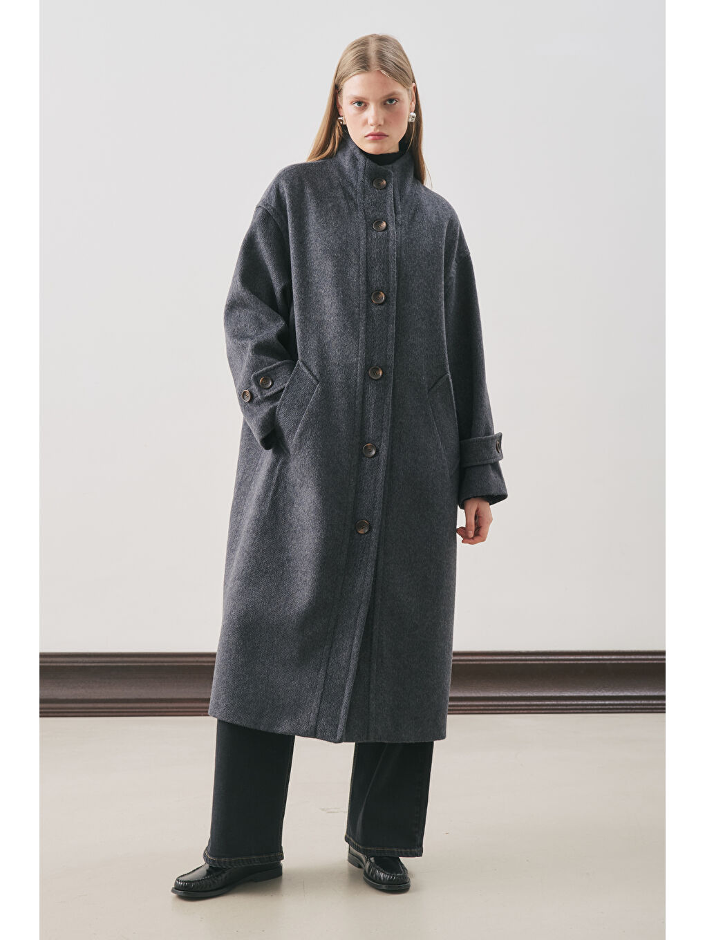 Raı Oversıze Yünlü Kaban Lacivert-2