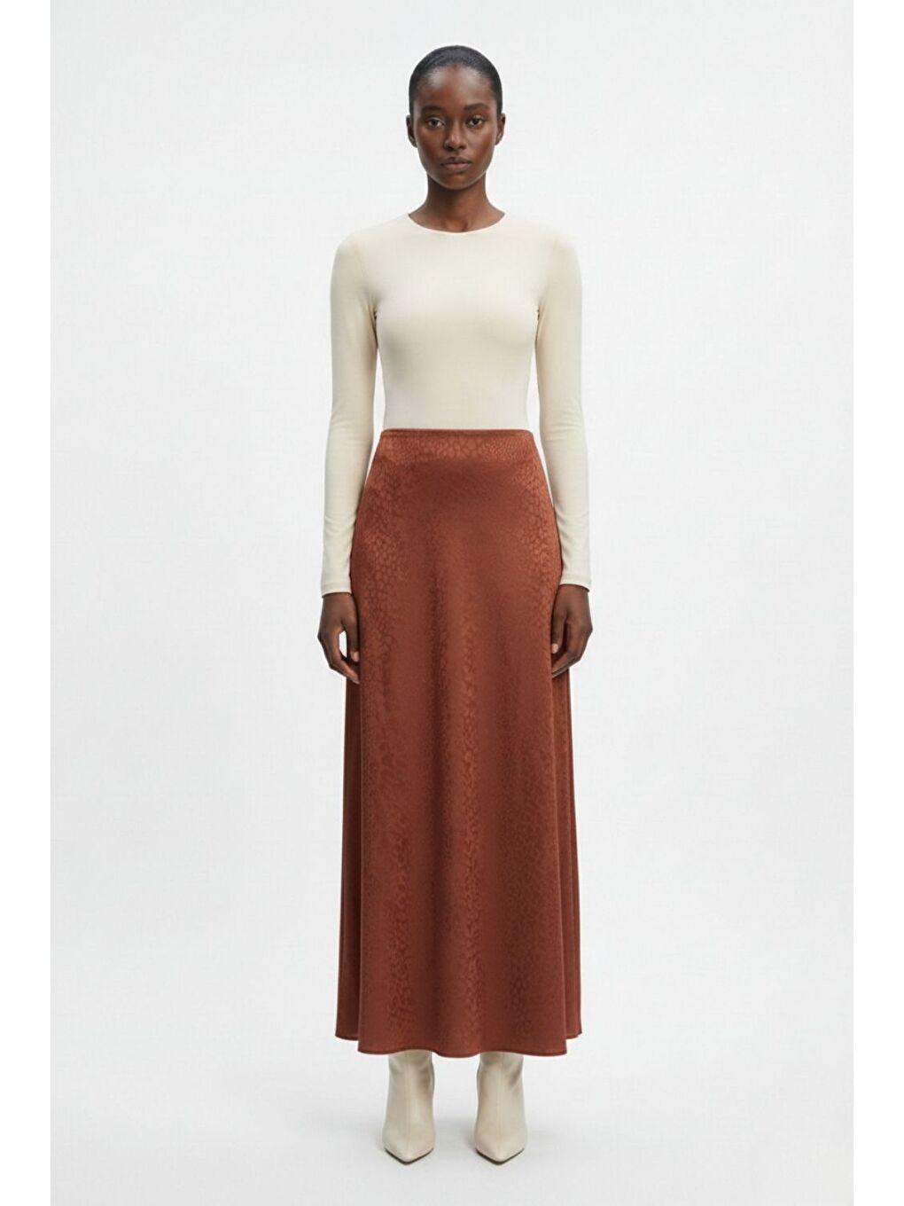 Kahverengi Jakarlı Kiremit Rengi Maksi Etek-2