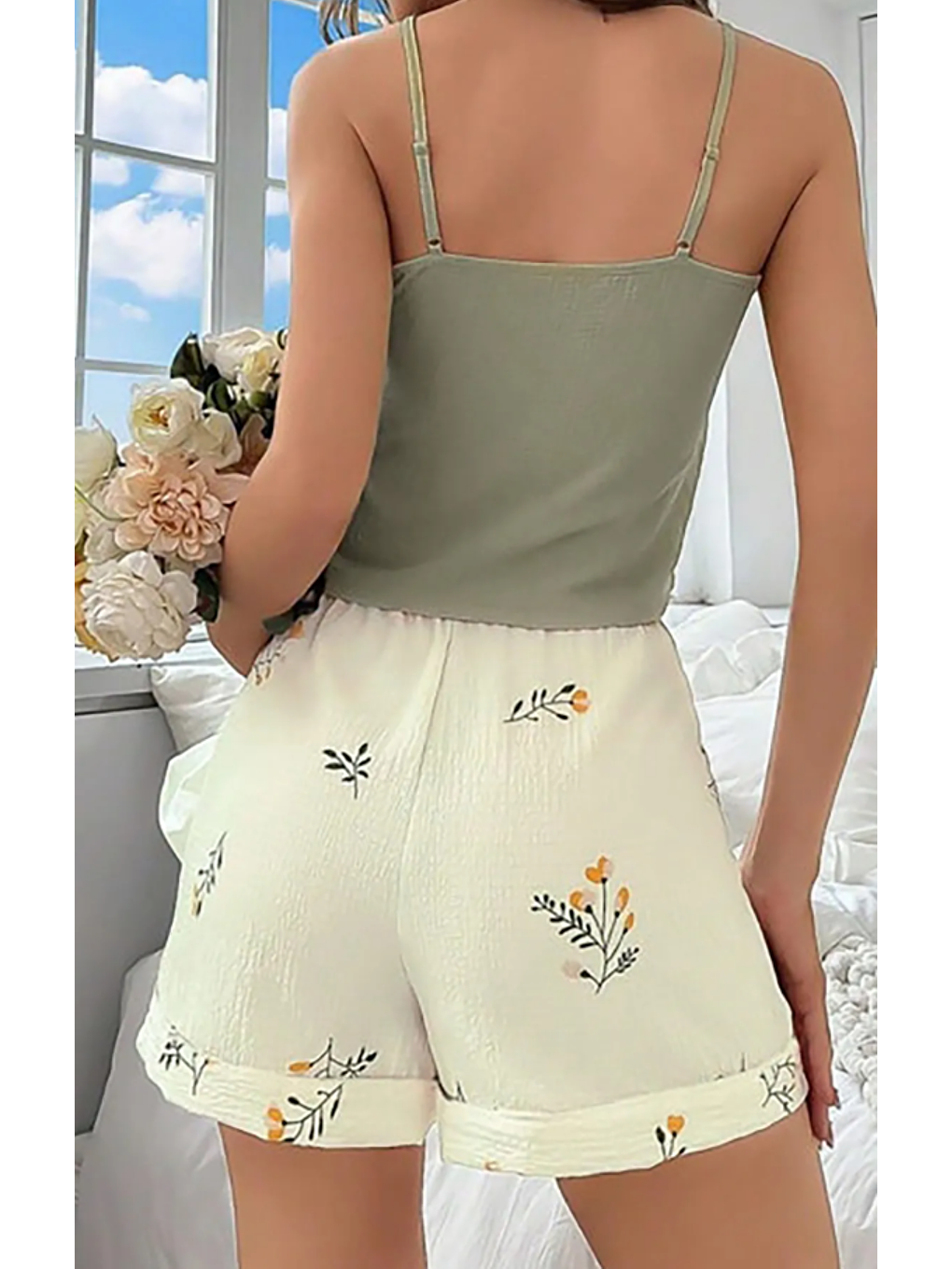 Yeşil Bürümcük İnce Askılı Şort Takım 7003 yeşil-2