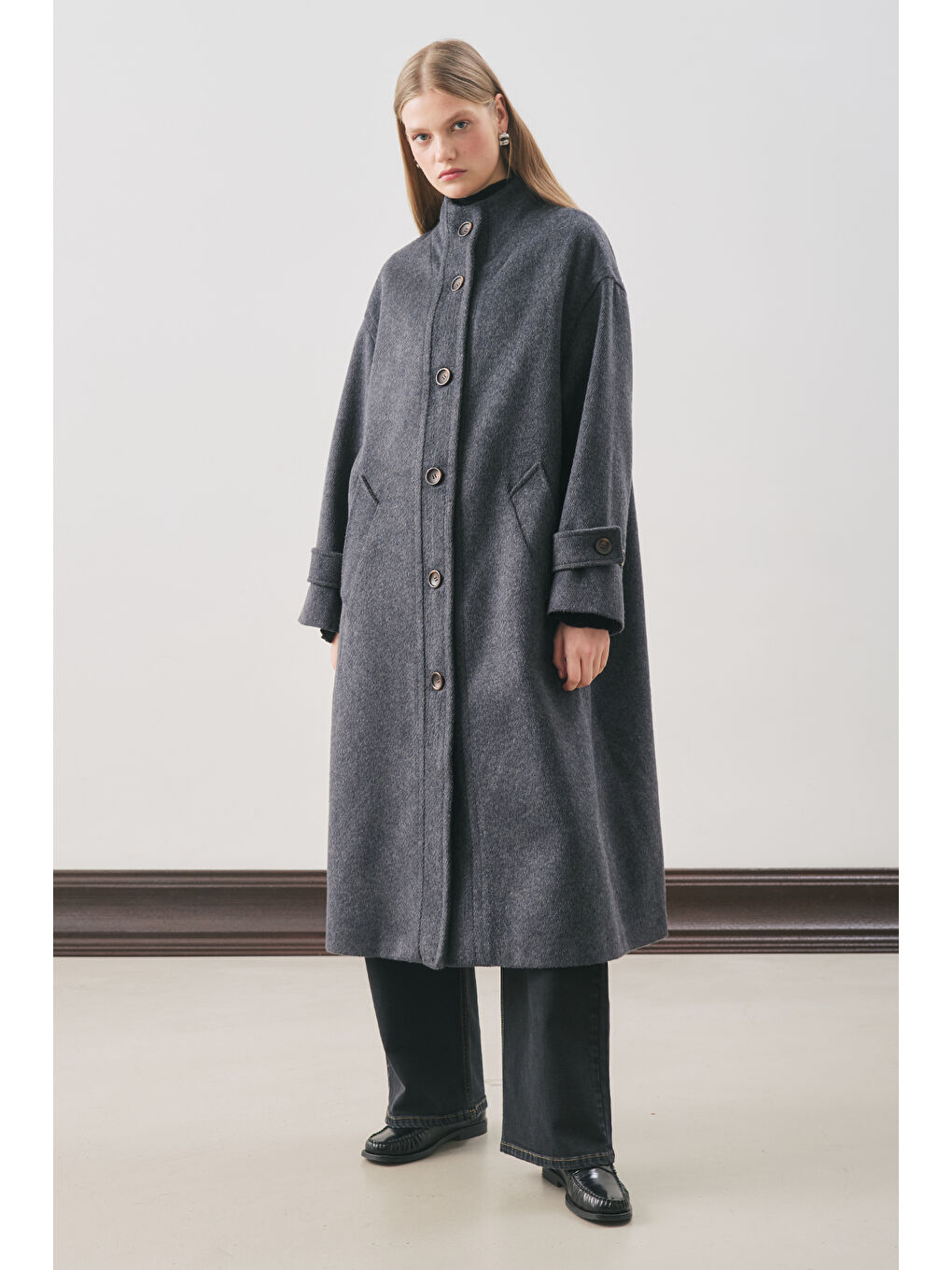 Raı Oversıze Yünlü Kaban Lacivert-3