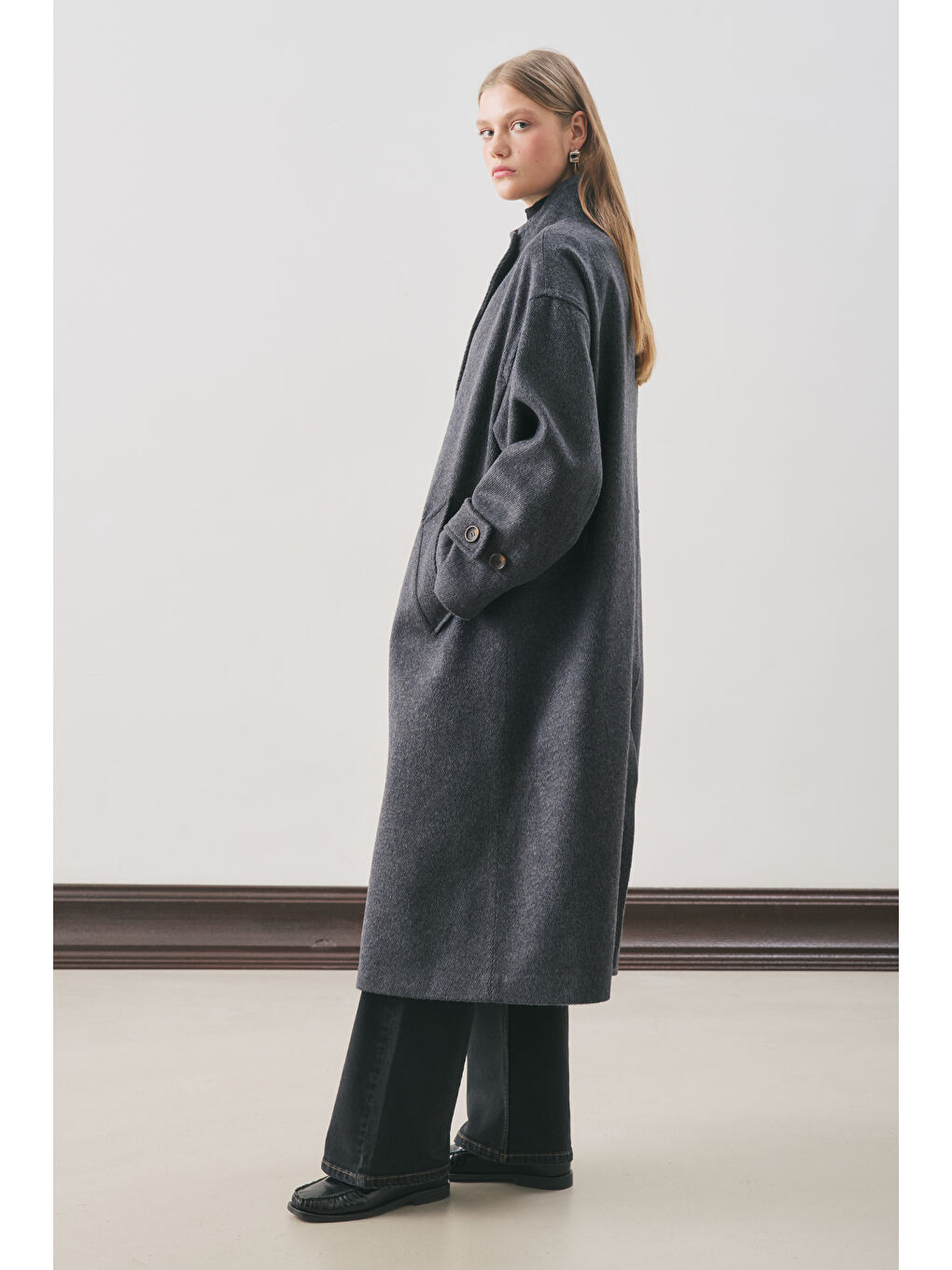 Raı Oversıze Yünlü Kaban Lacivert-4