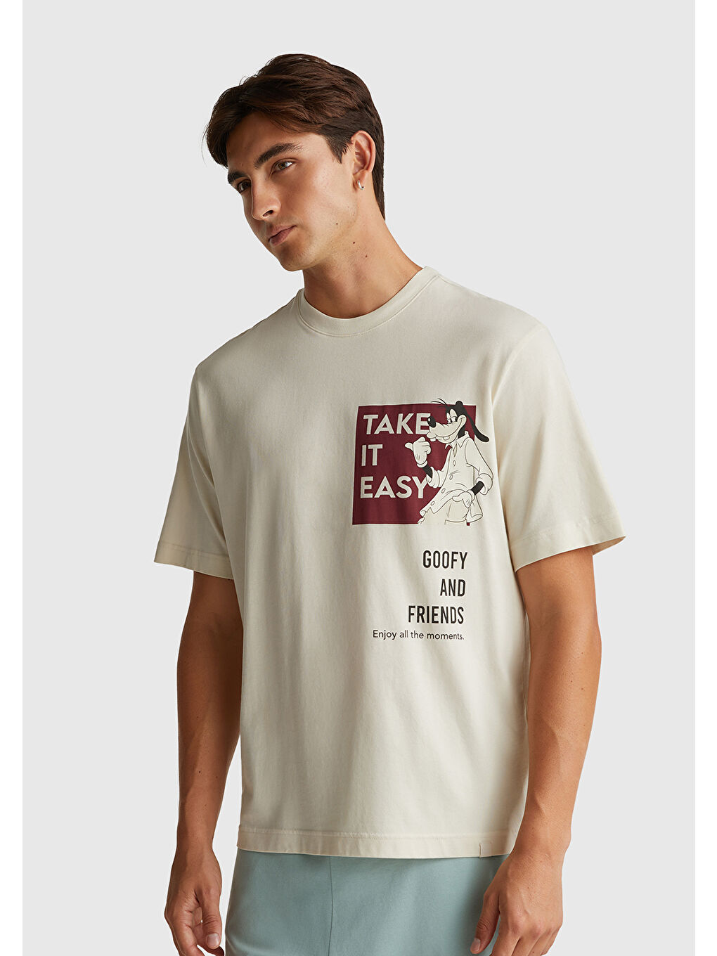 Ekru Erkek Krem %100 Pamuk Disney Baskılı T-Shirt