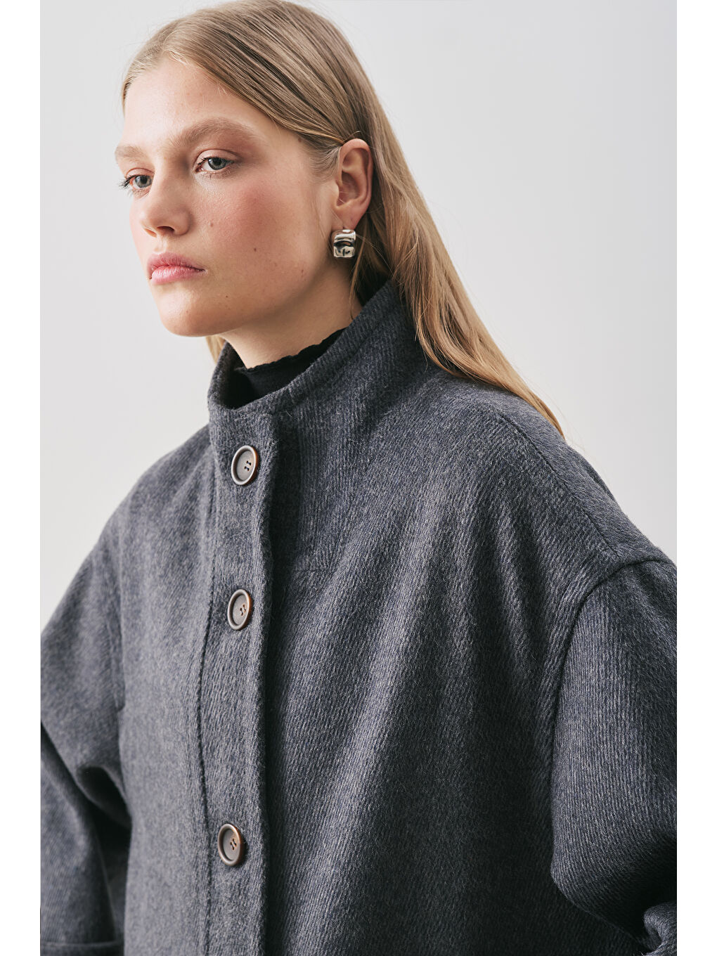 Raı Oversıze Yünlü Kaban Lacivert-5