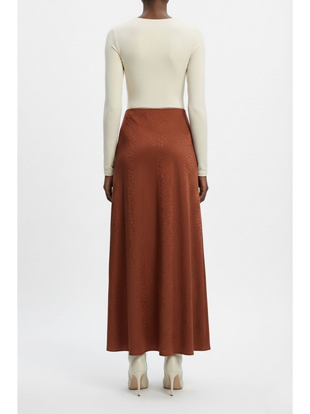 Kahverengi Jakarlı Kiremit Rengi Maksi Etek-3