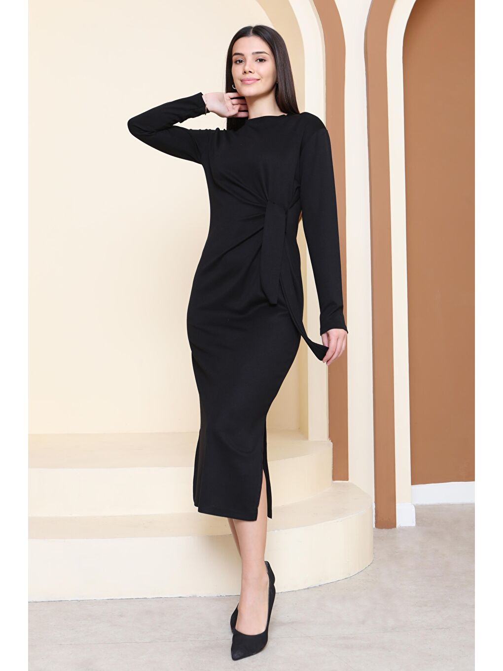 Yandan Bağlama Detaylı Modal Elbise Siyah - 27880-SIYAH-3