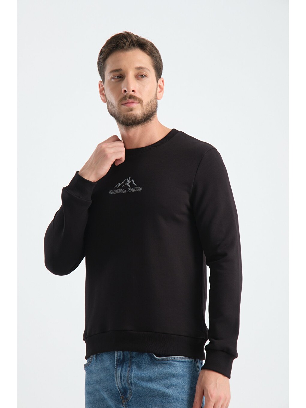 Siyah Erkek Üç İplik Sweatshirt Şardonsuz Pamuklu Regular Fit Bisiklet Yaka Spor Sweat-6