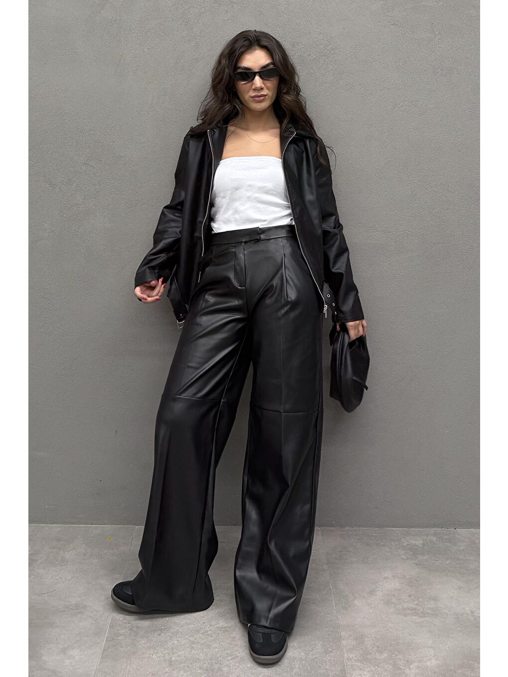 Siyah Pensli Palazzo Kadın Deri Pantolon Mg2612