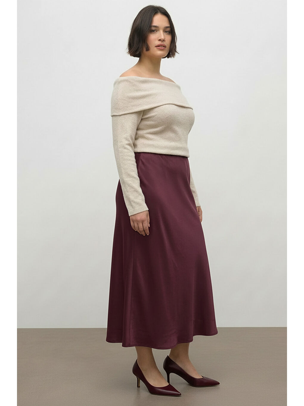 Bordo Saten Midi Etek-1