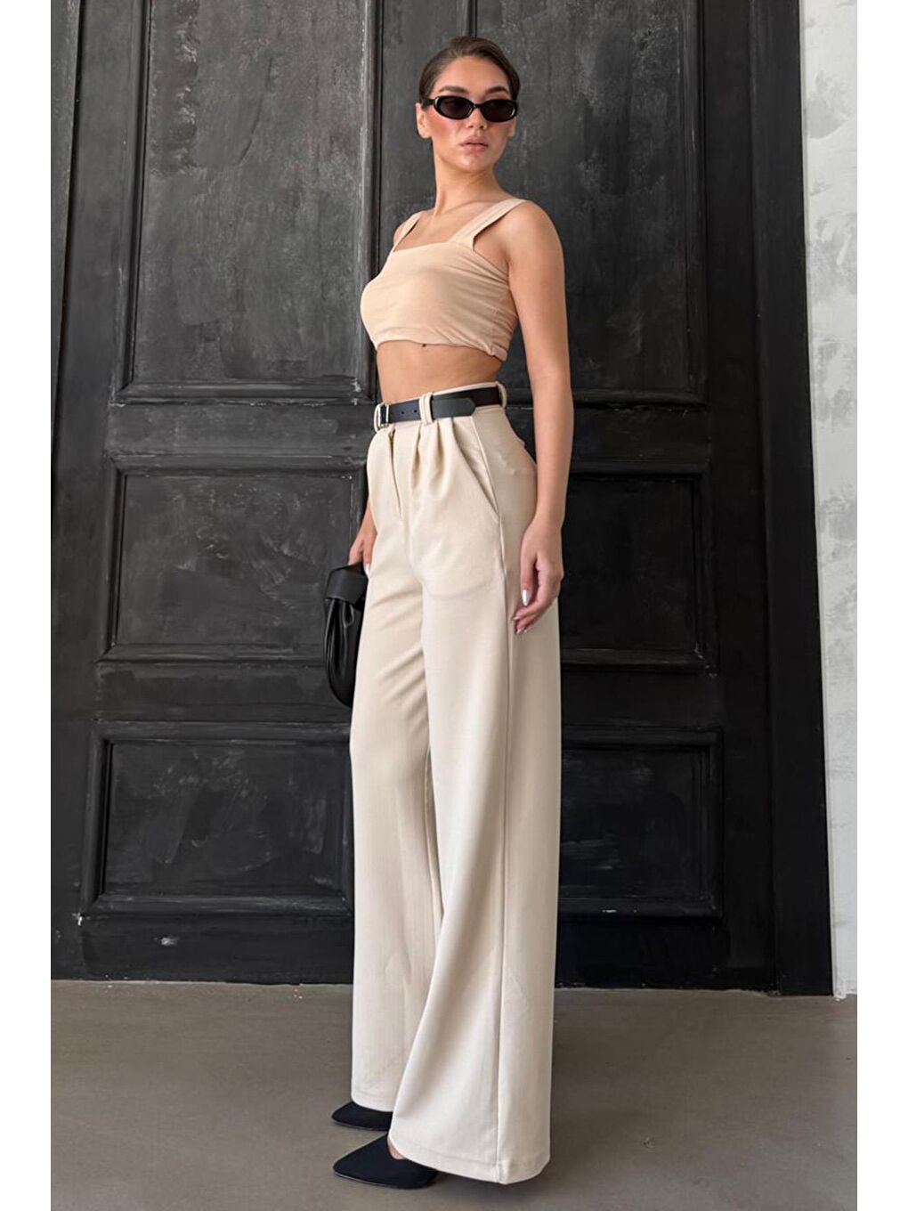 Açık Bej Çift Pileli Kemerli Pantolon Mg2330-4