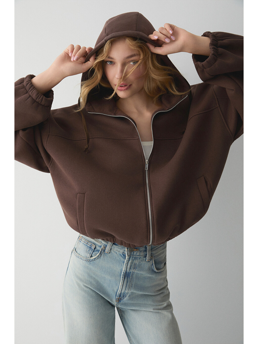 Valıt Kadın Çift Cepli Eteği Ve Kol Ucu Lastikli Fermuarlı Oversize Kahverengi Sweatshirt