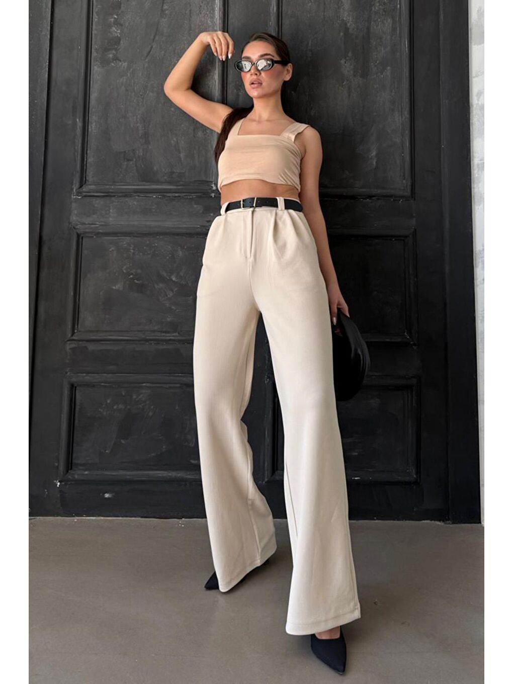 Açık Bej Çift Pileli Kemerli Pantolon Mg2330-5