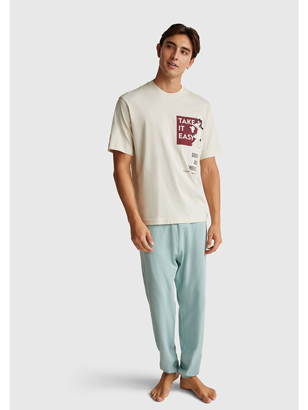 Ekru Erkek Krem %100 Pamuk Disney Baskılı T-Shirt-4