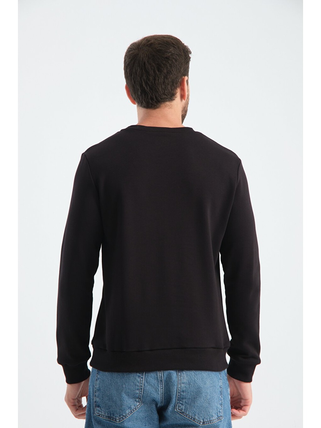 Siyah Erkek Üç İplik Sweatshirt Şardonsuz Pamuklu Regular Fit Bisiklet Yaka Spor Sweat-7